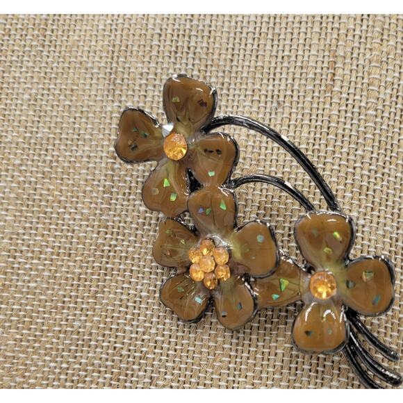 Vintage Enamel Brooch Pin 3" Brown Orange Flower Bouquet Rhinestone AB‎ Flecked - Picture 7 of 14